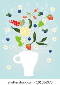 Decorative vector illustration with cup of tea, tea leaves, berries and fruit, steam.