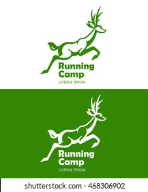 Decorative vector illustration with a deer. Hand drawn design for logo, print, label, poster, emblem, textile, cloth, paper. Running camp emblem.
