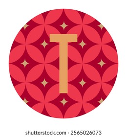 A decorative vector illustration of a gold T set within a floral-inspired red circular pattern, offering a creative and versatile design for various digital or print uses.