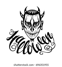 Decorative vector illustration with a Halloween Devil's face. Hand drawn design for a card, print, label, poster, emblem, textile, cloth, paper.  
