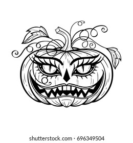 Decorative vector illustration with a Halloween pumpkin. Hand drawn design for a card,  print, label, poster, emblem, textile, cloth, paper.  