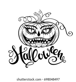 Decorative vector illustration with a Halloween pumpkin. Hand drawn design for a card, print, label, poster, emblem, textile, cloth, paper.  