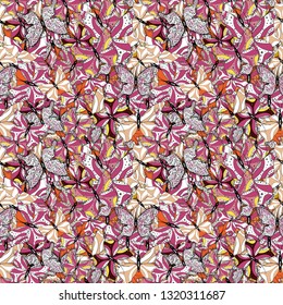 Decorative Vector illustration. With hand drawn butterflies. Abstract background on black, magenta and white colors. Colorful romantic butterflies seamless pattern background.