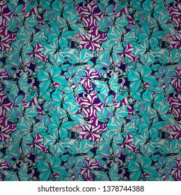 Decorative Vector illustration. With hand drawn butterflies. Colorful romantic butterflies seamless pattern background. Abstract background on white, black and blue colors.