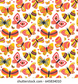 Decorative vector illustration with hand drawn butterflies. Colorful romantic butterflies seamless pattern background.  Abstract seamless background. 