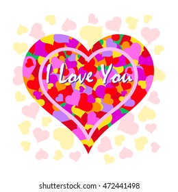 Decorative vector illustration with hearts and  text. Colorful design for card, poster, paper, print, label, website.