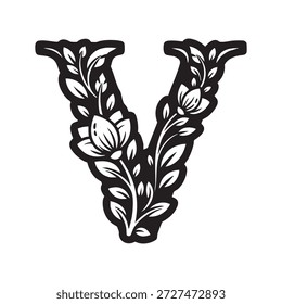 Una Ilustración vectorial decorativa de la letra V adornada con intrincados diseños florales y hojas.