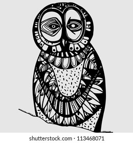 Decorative vector illustration with owl, black and white