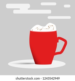 Decorative vector illustration red cup with cocoa and marshmallows. Christmas greeting card design element. On gray background with cloud. Vector illustration eps10.
