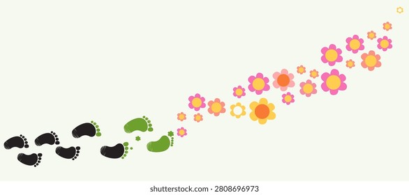 Decorative vector illustration showing barefoot footprints changing into blooming flowers. Spring, growth, nature, wellness and positive lifestyle concept