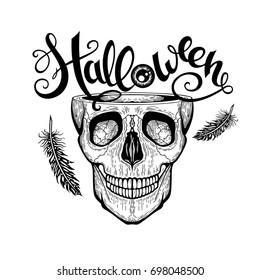 Decorative vector illustration with a skull, feathers and all seeing eye. Hand drawn design for a card, print, label, poster, emblem, textile, cloth, paper.  