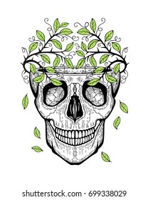 Decorative vector illustration with a skull isolated on white. Hand drawn design for a card, print, label, poster, emblem, textile, cloth, paper.  