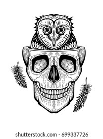 Decorative vector illustration with a skull, an owl and  feathers. Hand drawn design for cards, prints, label, poster, emblem, textile, cloth, paper.  