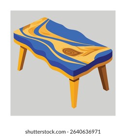 Decorative vector illustration of a stylish wooden coffee table with unique blue and yellow design