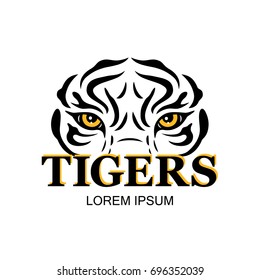 Decorative vector illustration with a  tiger's head.  Hand drawn design for logo, print, label, poster, emblem, textile, cloth, paper.  