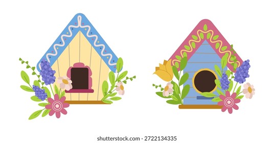 Ilustración vectorial decorativa de dos coloridas casas de pájaros adornadas con flores. El encantador diseño combina la naturaleza con hábitats acogedores, perfectos para temas primaverales y arte de la naturaleza.