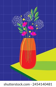 Decorative vector illustration of a vase with flowers on a table at home in bright and vivid colors