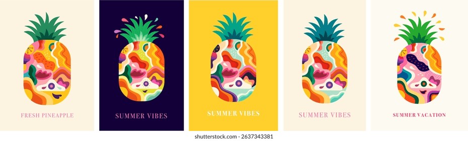 Decorative vector illustrations with colourful Pineapples fruits. Summer bright cover design.	