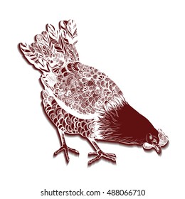 Decorative vector image of hen. Use printed materials, signs, posters, postcards, packaging.