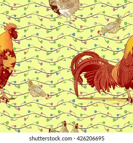 Decorative vector image of a rooster and a hen. Seamless background.Use printed materials, signs, posters, postcards, packaging.