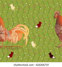 Decorative vector image of a rooster and a hen. Seamless background.Use printed materials, signs, posters, postcards, packaging.
