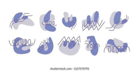 Decorative vector isolated freeforms in purple colors, matisse bundle for create banners, posters. Abstract shapes collection. Lilac hand drawn illustrations to create stylish, trendy, modern design