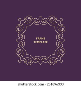 Decorative vector monogram for design template. Elegant element for logo design, place for text, line art floral frame. Light outline border. Lace illustration for invitations, greeting cards.