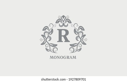 Decorative vector monogram with the initial letter R. Exquisite logo for cafe, bar, restaurant, invitation. Business style or company brand.