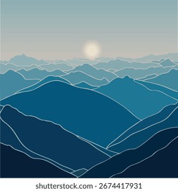 Decorative vector mountain landscape with layered hills and sunrise. Minimal winter tones, ideal for wall art, prints, posters, and stylish interior decoration.
