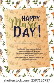 Decorative vector music flyer featuring trumpets, leaves, and the text Happy Music Day. Suitable for posters, invitations, and banners  
