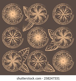Decorative vector oranges, lemons and limes in vintage style. Citrus slices in the vector