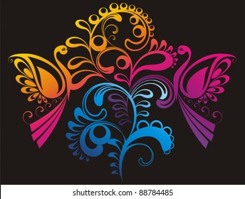 decorative vector ornament  with colorful ornament -  flowers and birds on black background
