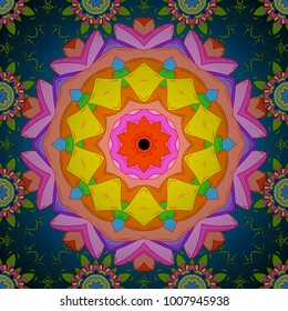 Decorative vector ornate colored mandala for card, colored Mandala on a blue, orange and pink colors. For invitation card, scrapbook, banner, postcard, tattoo, yoga, boho, magic, carpet, tile or lace.