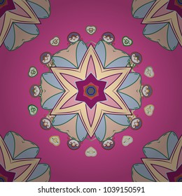 Decorative vector ornate colored mandala icon isolated for card, colored Mandala on a pink, neutral and beige colors. For invitation card, scrapbook, banner, postcard, tattoo, yoga, boho, magic.