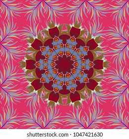 Decorative vector ornate colored mandala icon isolated for card, colored Mandala on a pink, blue and red colors. For invitation card, scrapbook, banner, postcard, tattoo, magic, carpet, tile or lace.