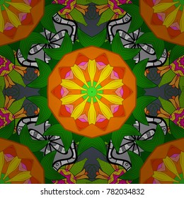 Decorative vector ornate colored mandala icon for card, colored Mandala on a green, orange, yellow colors. For invitation card, banner, postcard, tattoo, yoga, boho, magic, carpet, tile or lace.