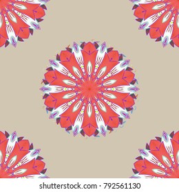 Decorative vector ornate colored mandala icon isolated for card, colored Mandala on a beige, pink and neutral colors. For invitation card, scrapbook, banner, yoga, boho, magic, carpet, tile or lace.