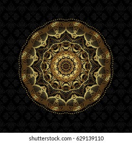 Decorative vector ornate gold mandala icon isolated for card, golden Mandala on a black background. For invitation card, scrapbook, banner, postcard, tattoo, yoga, boho, magic, carpet, tile or lace.