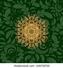 Decorative vector ornate gold mandala icon isolated for card, golden Mandala on a green background. For invitation card, scrapbook, banner, postcard, tattoo, yoga, boho, magic, carpet, tile or lace.