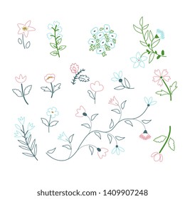 Decorative vector outline flowers collection
