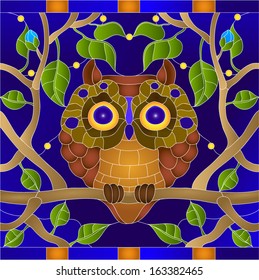 Decorative Vector Owl on a tree / Stained glass window