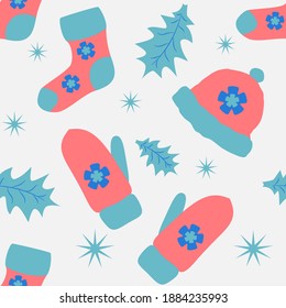 Dekorative Vektorgrafik zu Weihnachten, Neujahr auf weißem Hintergrund mit rosafarbenen, warmen Strickmilben, einem Hut, Socken, mit weißen Schneeflocken.