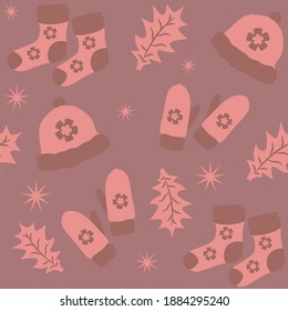 Decorative vector patern for Christmas, New Year on a beige background with warm knitted mittens, a hat, socks, with white snowflakes.