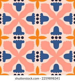 Decorative vector pattern with abstract flowers and shapes. Beautiful seamless texture in retro style. Symmetrical tile background