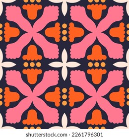 Decorative vector pattern with abstract flowers and shapes. Beautiful seamless texture in retro style. Symmetrical tile background