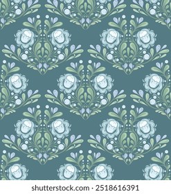 Decorative vector pattern with bouquet of blue flowers in rococo style. Victorian floral textile. National surface design with flowers and foliage for fabrics, tablecloths and curtains