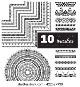 Decorative vector pattern brushes with inner and outer corner tiles. Can be used for borders, ornaments, frames, dividers and design elements. All used brushes are included in brush palette.