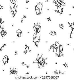 Decorative vector pattern with fantasy flowers, hearts, crystals. Boho. Outline. Black lines on white.