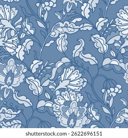Padrão de vetor decorativo com exuberantes flores azuis entrelaçadas e folhagem. Complicado, elegante e ótimo para papéis de parede ou impressões de moda.
