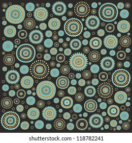 Decorative vector pattern with golden- turquoise rosettes on blck background